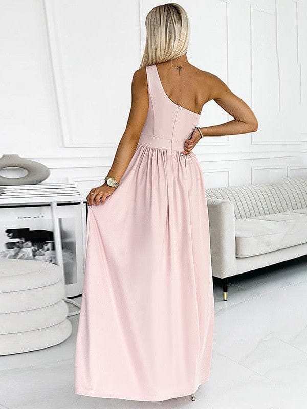 Chic One-Shoulder Sleeveless Long Dress with Slit - Apricot