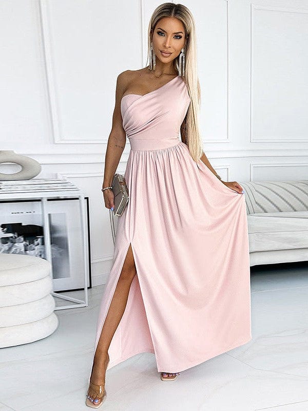 Chic One-Shoulder Sleeveless Long Dress with Slit - Apricot