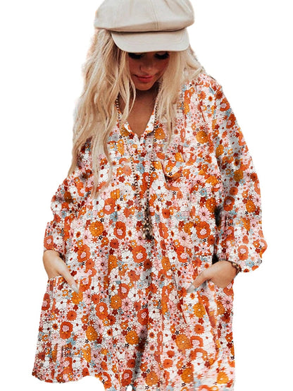 Chic Orange Floral Shift Dress with Pockets