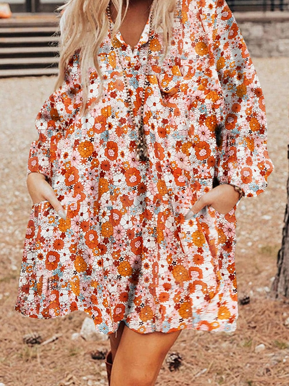 Chic Orange Floral Shift Dress with Pockets