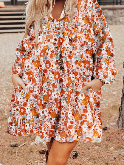 Chic Orange Floral Shift Dress with Pockets