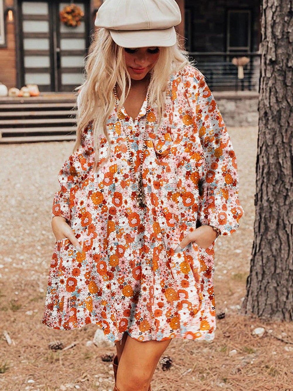 Chic Orange Floral Shift Dress with Pockets