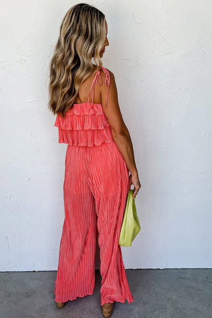 Chic Pale Chestnut Ruffle Cami and Pleated Wide Leg Pants Ensemble