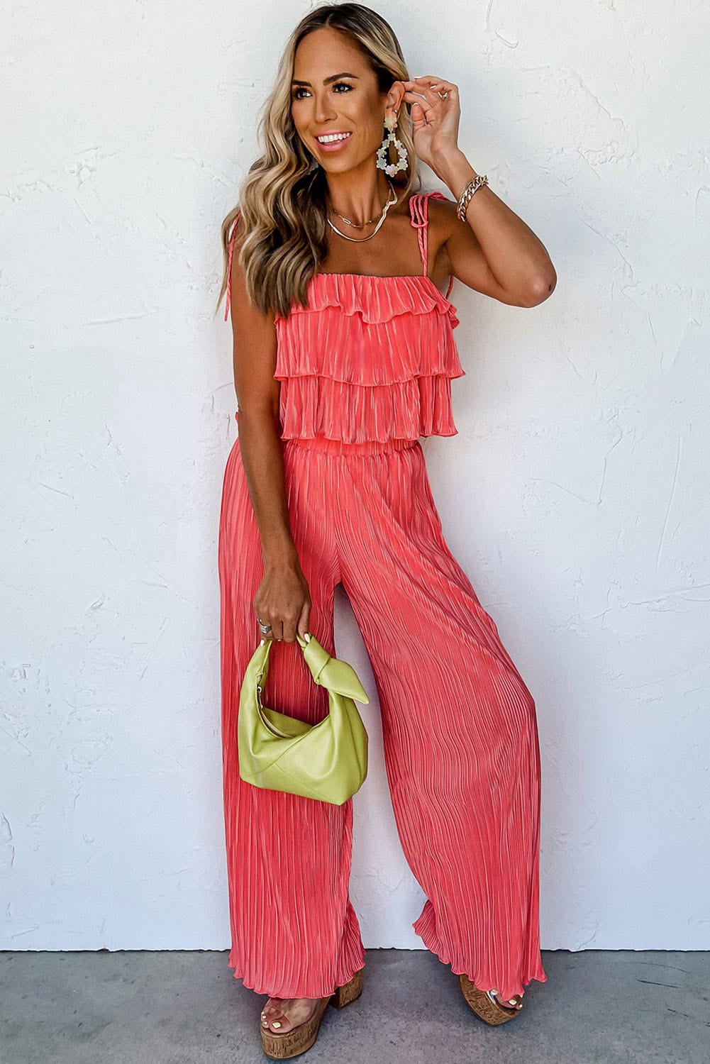 Chic Pale Chestnut Ruffle Cami and Pleated Wide Leg Pants Ensemble