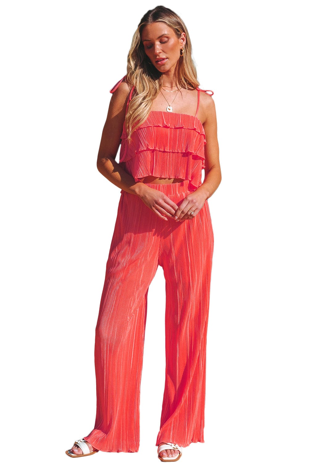Chic Pale Chestnut Ruffle Cami and Pleated Wide Leg Pants Ensemble