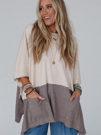 Chic Pale Khaki Ribbed Knit Color Block Poncho with Split Side
