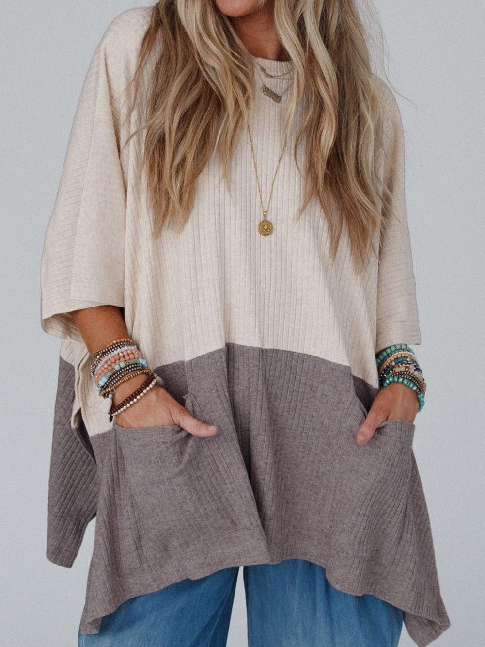 Chic Pale Khaki Ribbed Knit Color Block Poncho with Split Side