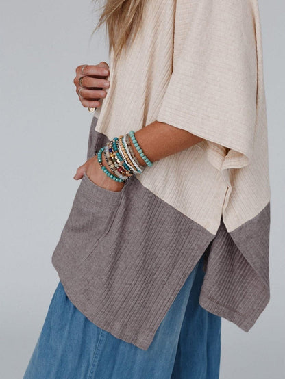 Chic Pale Khaki Ribbed Knit Color Block Poncho with Split Side