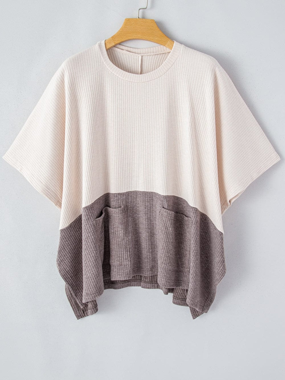 Chic Pale Khaki Ribbed Knit Color Block Poncho with Split Side