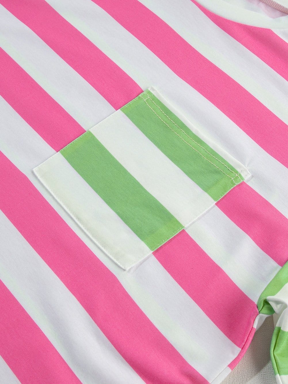 Chic Pink Striped Patch Pocket Tee with Drop Sleeves