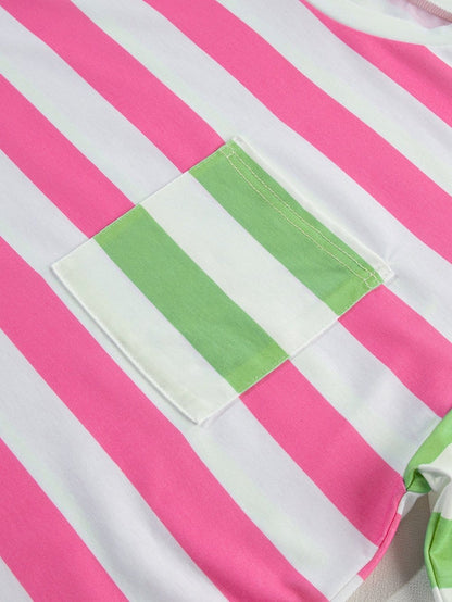 Chic Pink Striped Patch Pocket Tee with Drop Sleeves