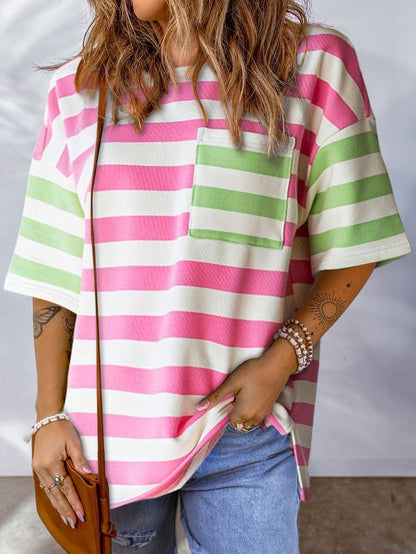 Chic Pink Striped Patch Pocket Tee with Drop Sleeves