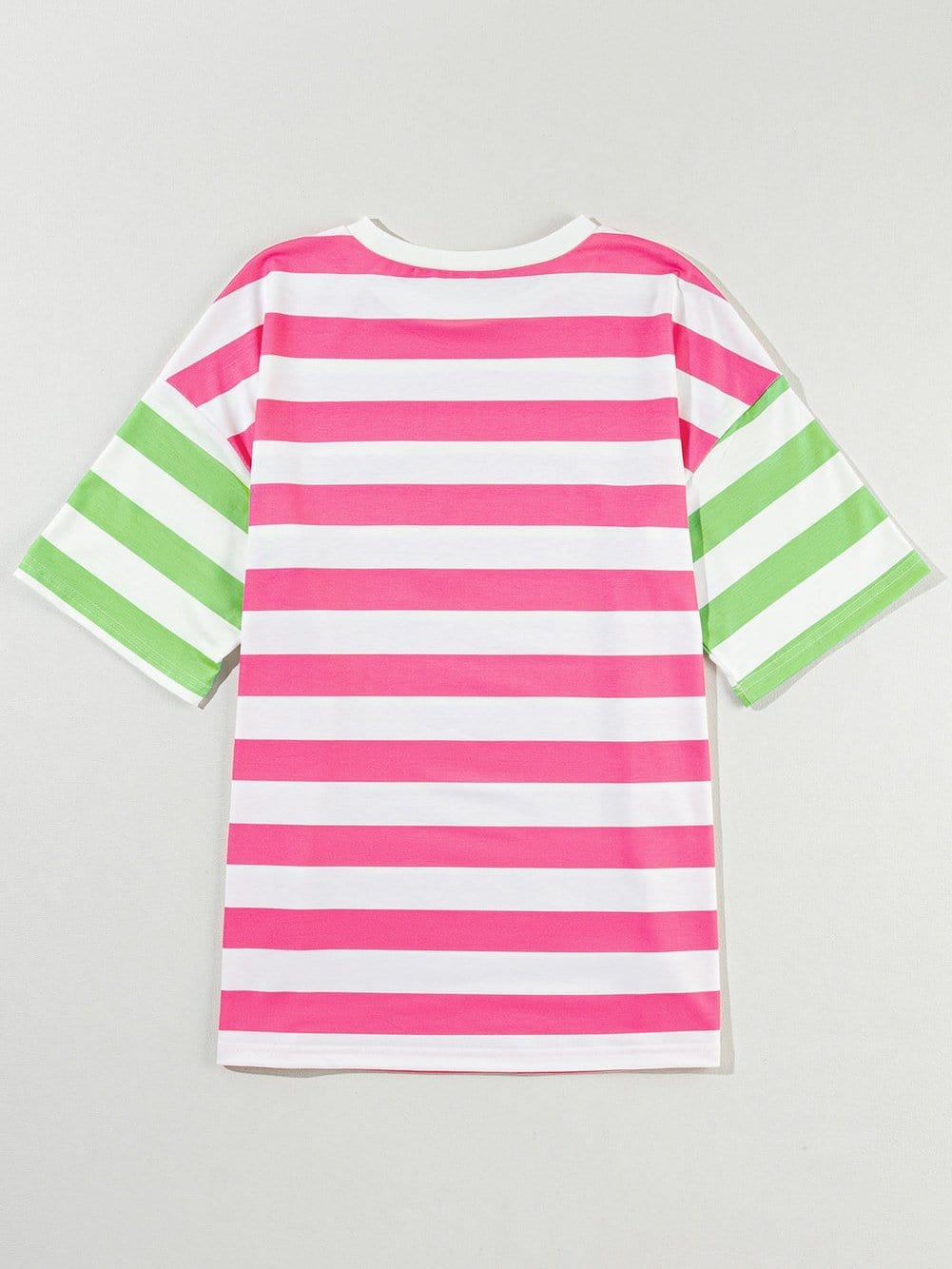 Chic Pink Striped Patch Pocket Tee with Drop Sleeves