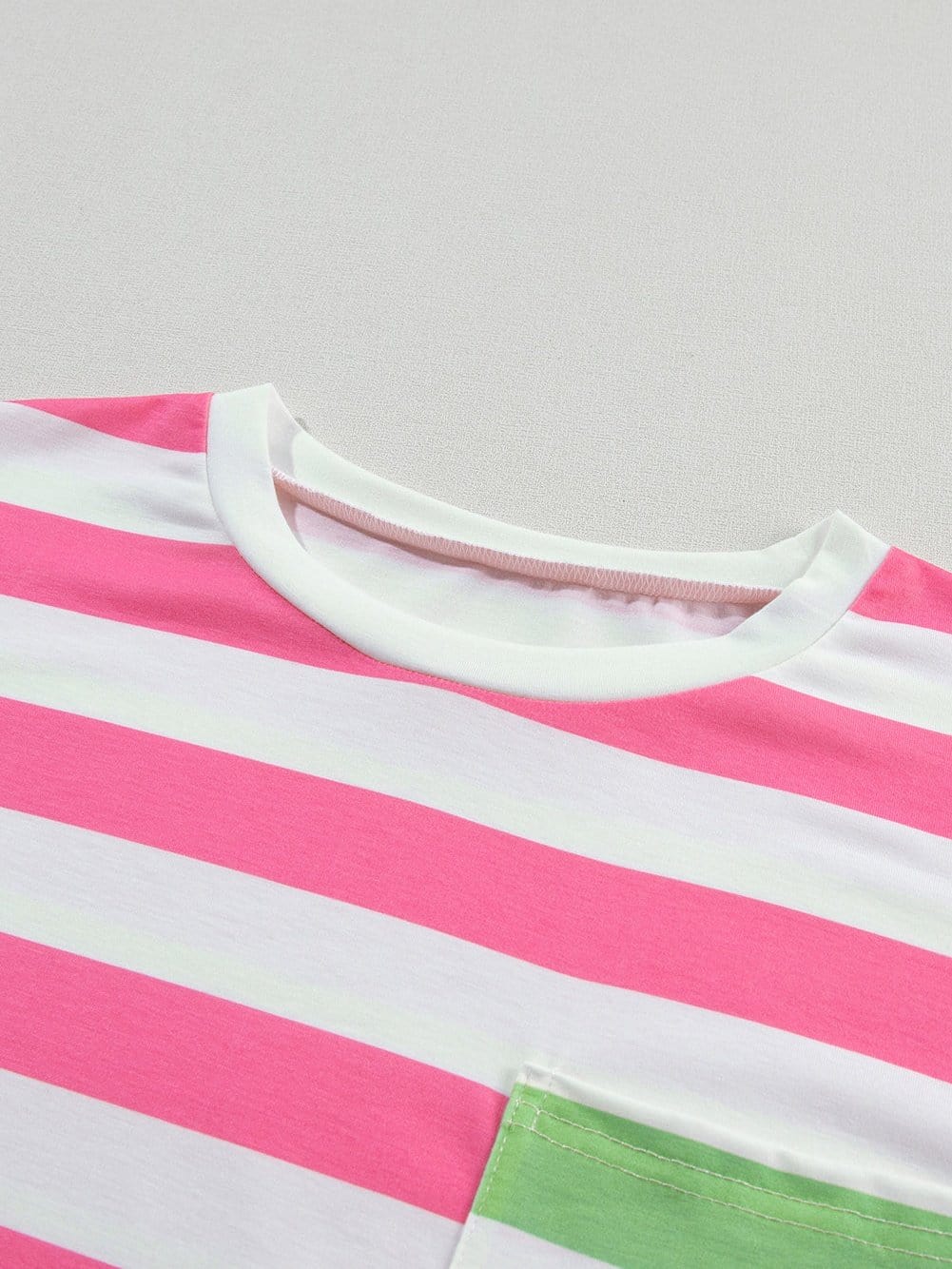 Chic Pink Striped Patch Pocket Tee with Drop Sleeves