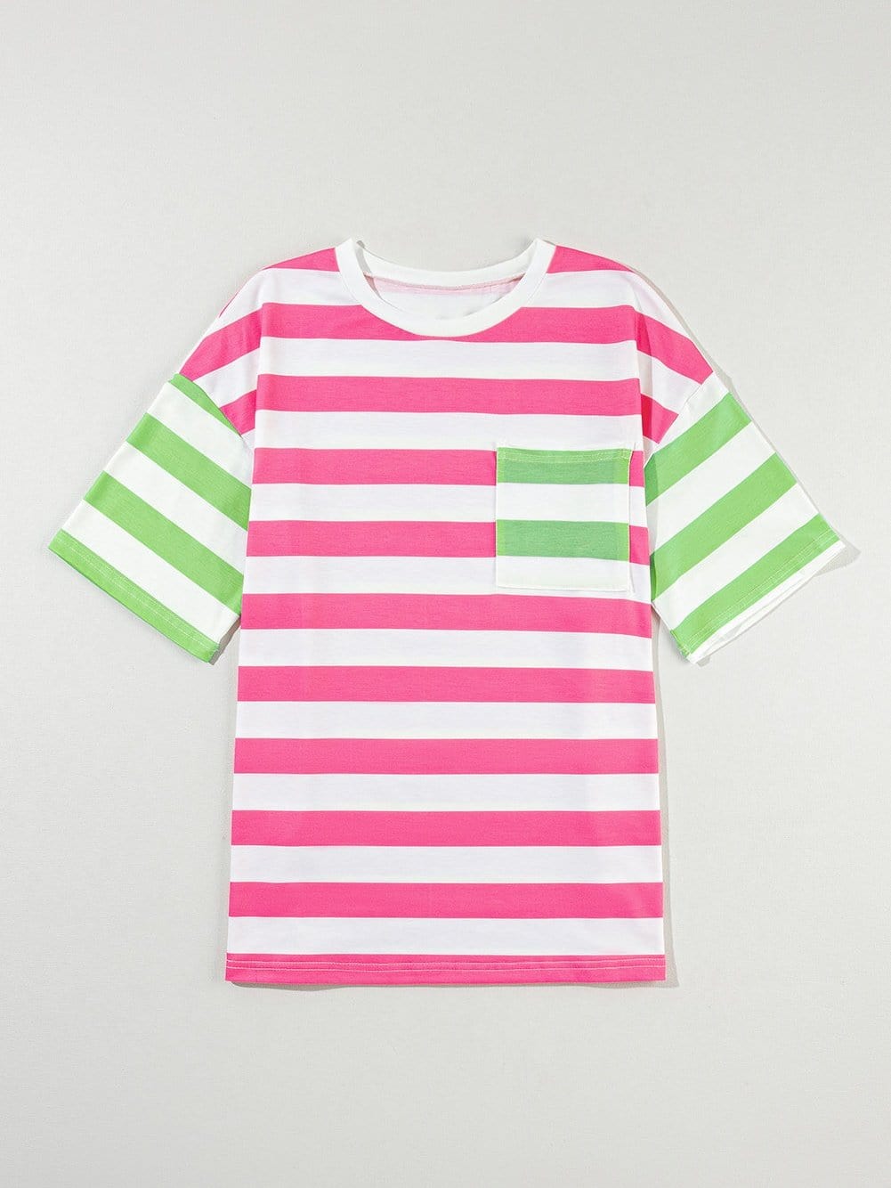 Chic Pink Striped Patch Pocket Tee with Drop Sleeves