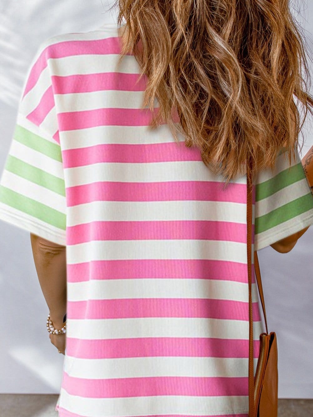 Chic Pink Striped Patch Pocket Tee with Drop Sleeves
