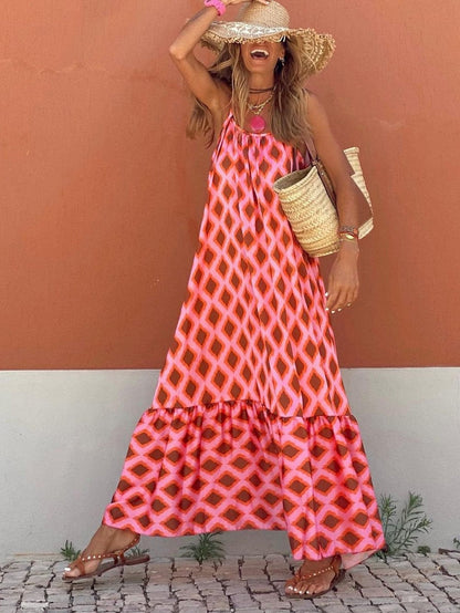 Chic Red Geometric Print Bohemian Maxi Dress