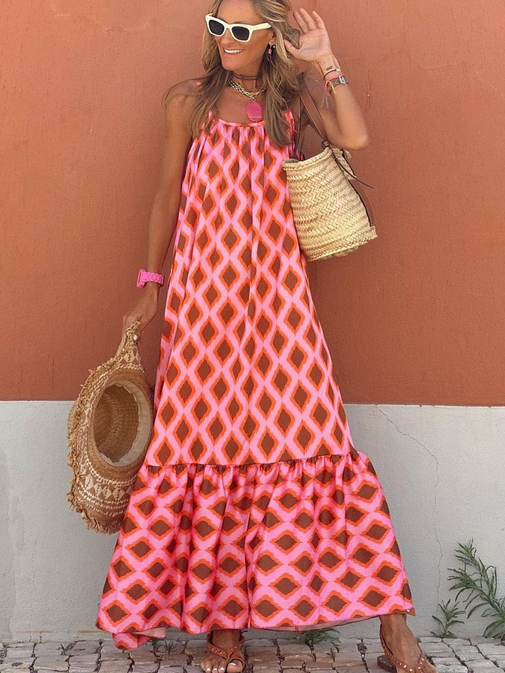 Chic Red Geometric Print Bohemian Maxi Dress