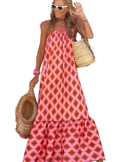 Chic Red Geometric Print Bohemian Maxi Dress