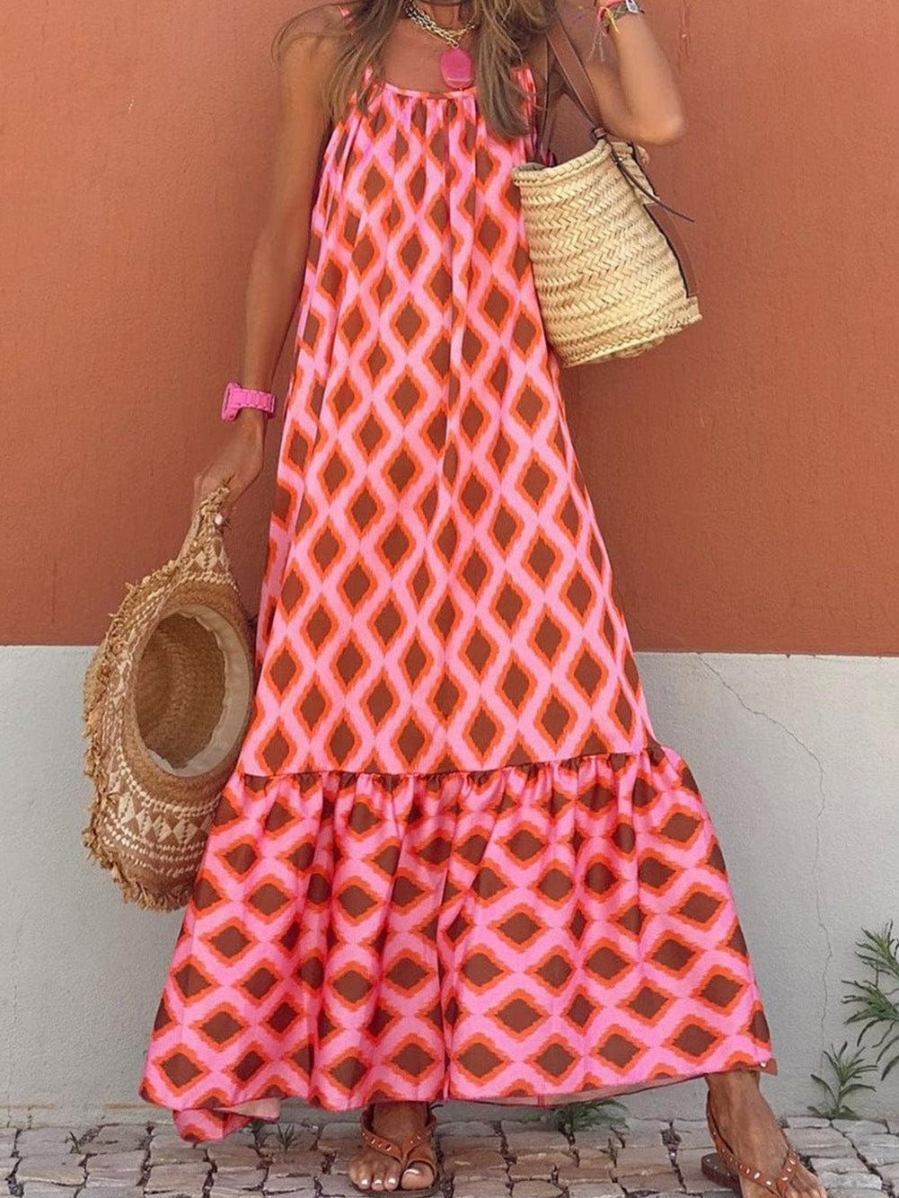 Chic Red Geometric Print Bohemian Maxi Dress