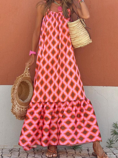 Chic Red Geometric Print Bohemian Maxi Dress