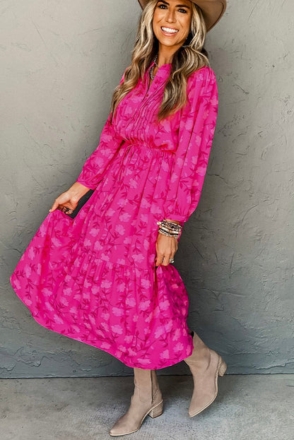 Chic Rose Red Floral Print Drawstring Midi Dress with Pleated Detail