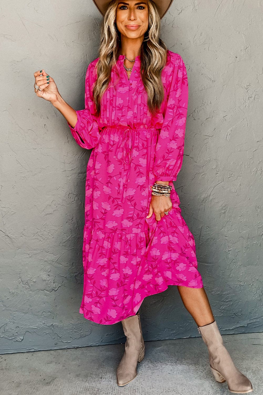 Chic Rose Red Floral Print Drawstring Midi Dress with Pleated Detail