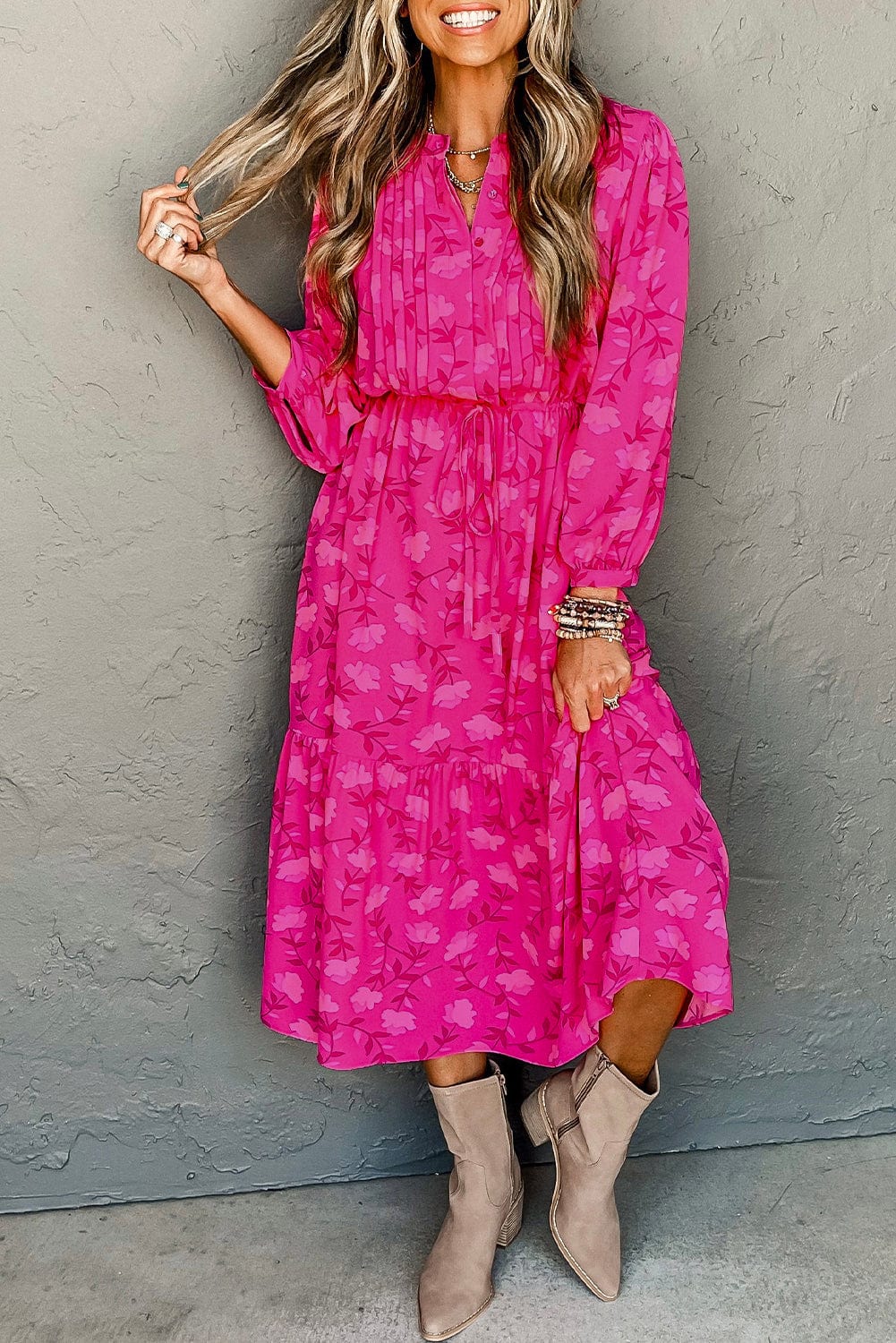 Chic Rose Red Floral Print Drawstring Midi Dress with Pleated Detail