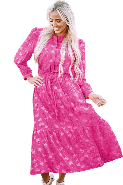 Chic Rose Red Floral Print Drawstring Midi Dress with Pleated Detail