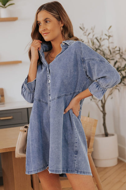 Chic Sky Blue Denim Mini Dress with Button Detail