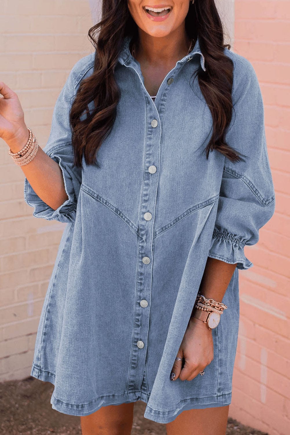 Chic Sky Blue Denim Mini Dress with Button Detail