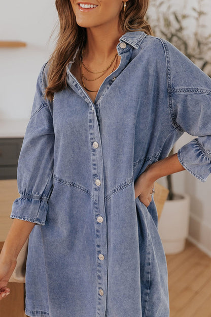 Chic Sky Blue Denim Mini Dress with Button Detail