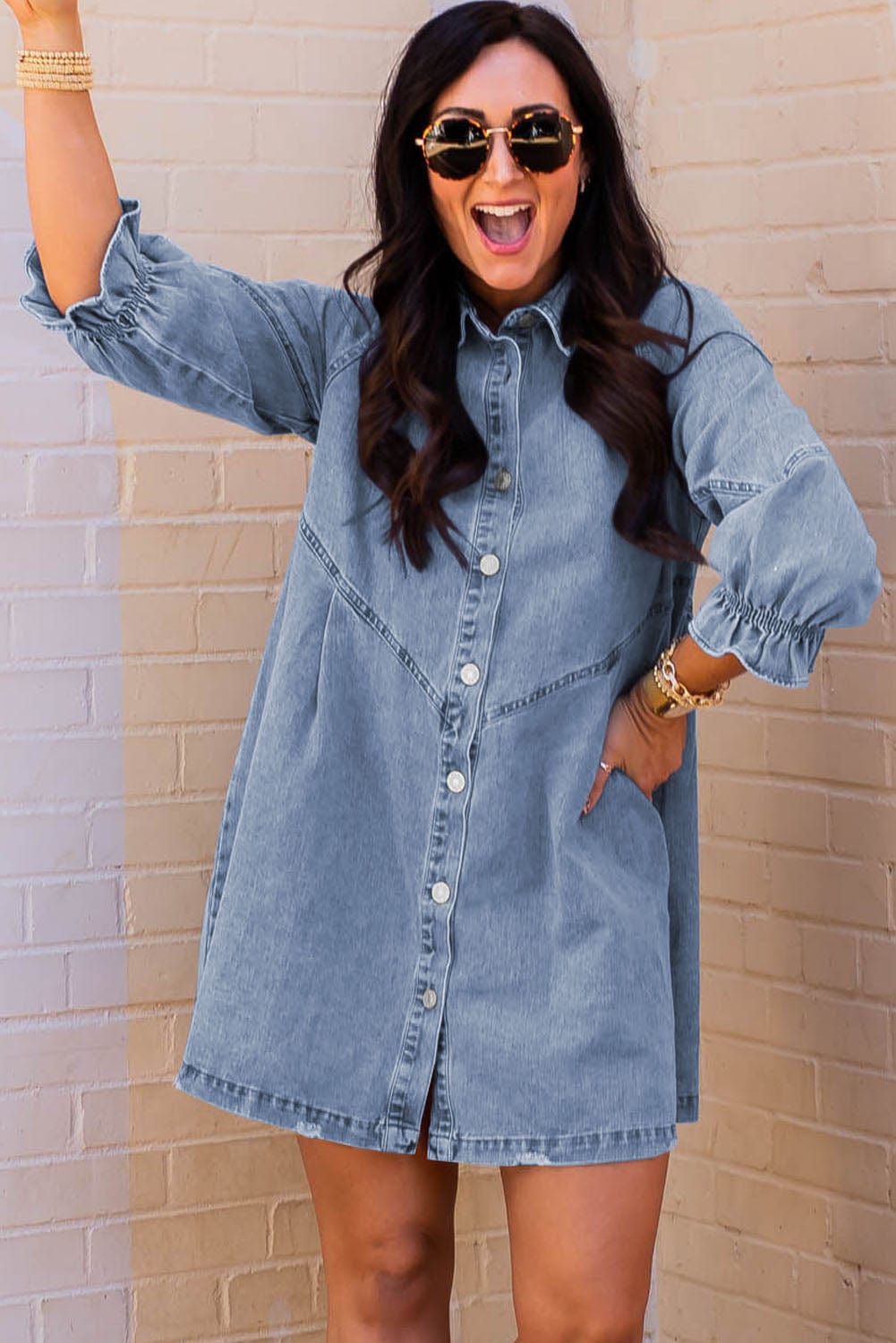 Chic Sky Blue Denim Mini Dress with Button Detail