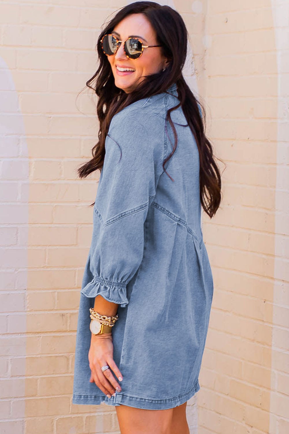 Chic Sky Blue Denim Mini Dress with Button Detail