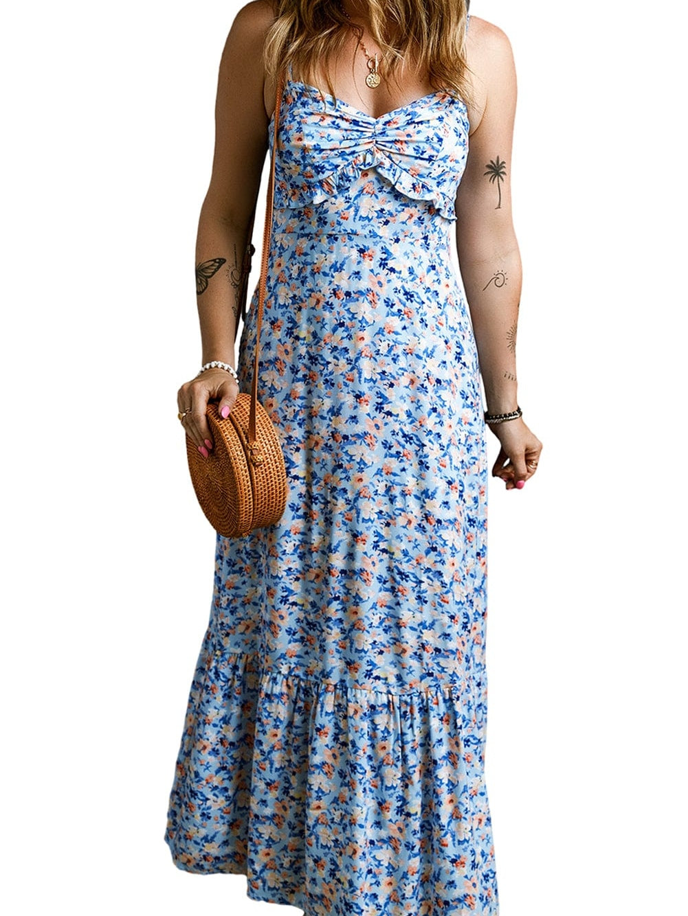 Chic Sky Blue Floral Ruched Maxi Dress with Ruffled Details