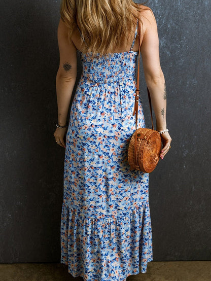 Chic Sky Blue Floral Ruched Maxi Dress with Ruffled Details
