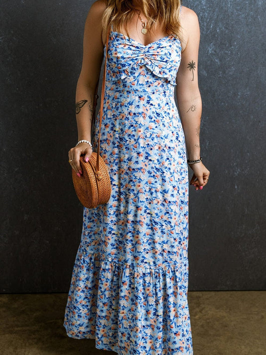 Chic Sky Blue Floral Ruched Maxi Dress with Ruffled Details