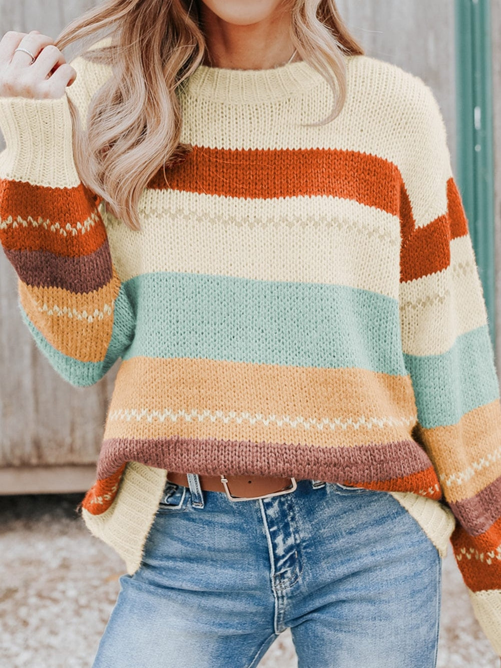 Chic Striped Colorblock Drop-Shoulder Sweater