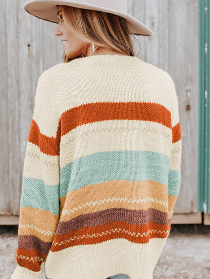 Chic Striped Colorblock Drop-Shoulder Sweater