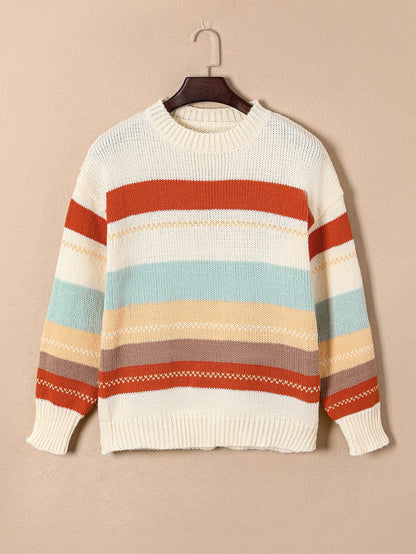 Chic Striped Colorblock Drop-Shoulder Sweater