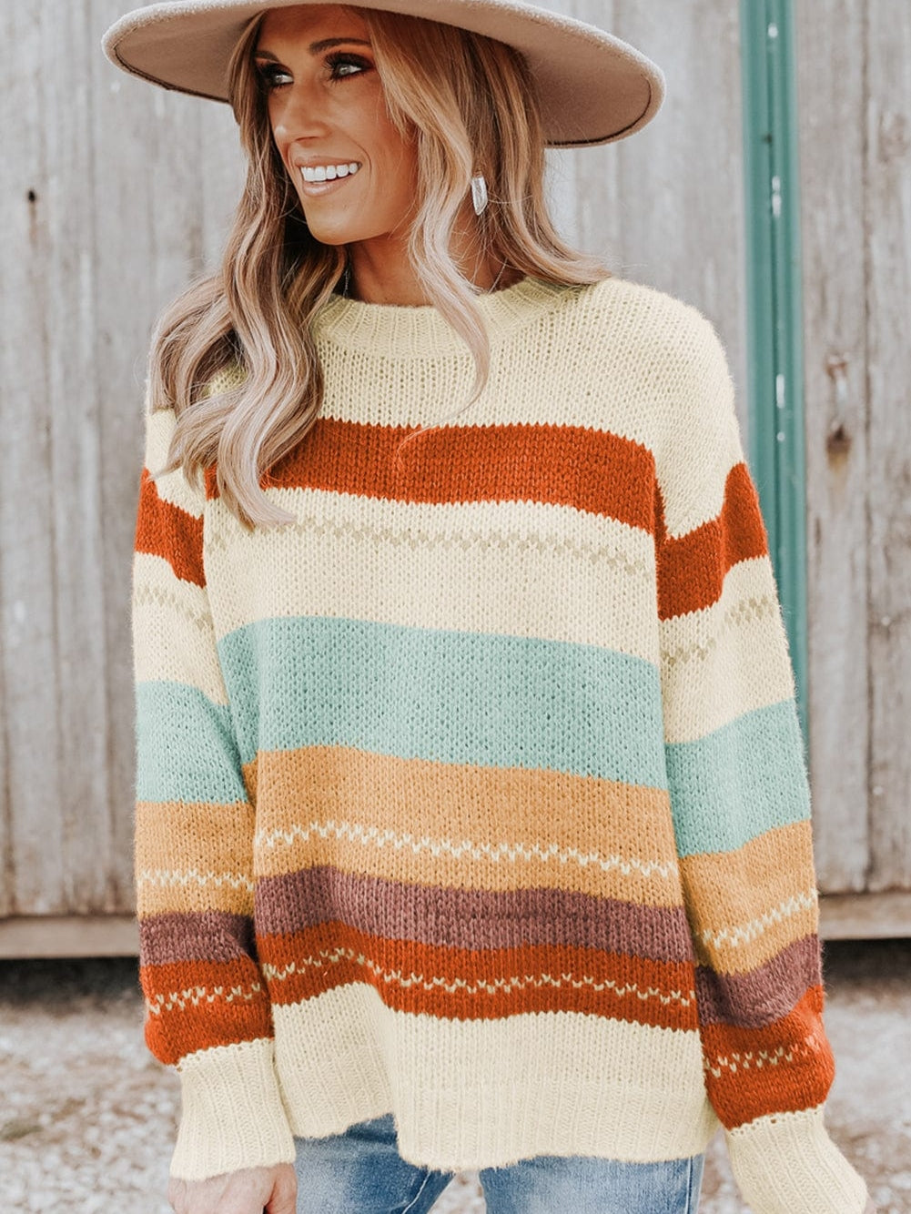 Chic Striped Colorblock Drop-Shoulder Sweater