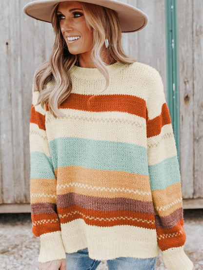 Chic Striped Colorblock Drop-Shoulder Sweater