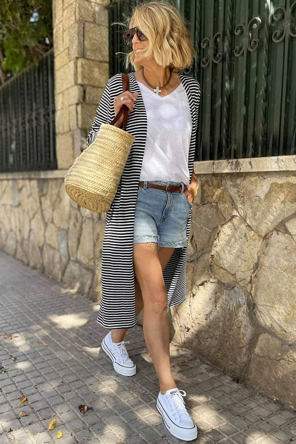 Chic Striped Knit Cardigan with Open Front