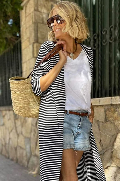 Chic Striped Knit Cardigan with Open Front