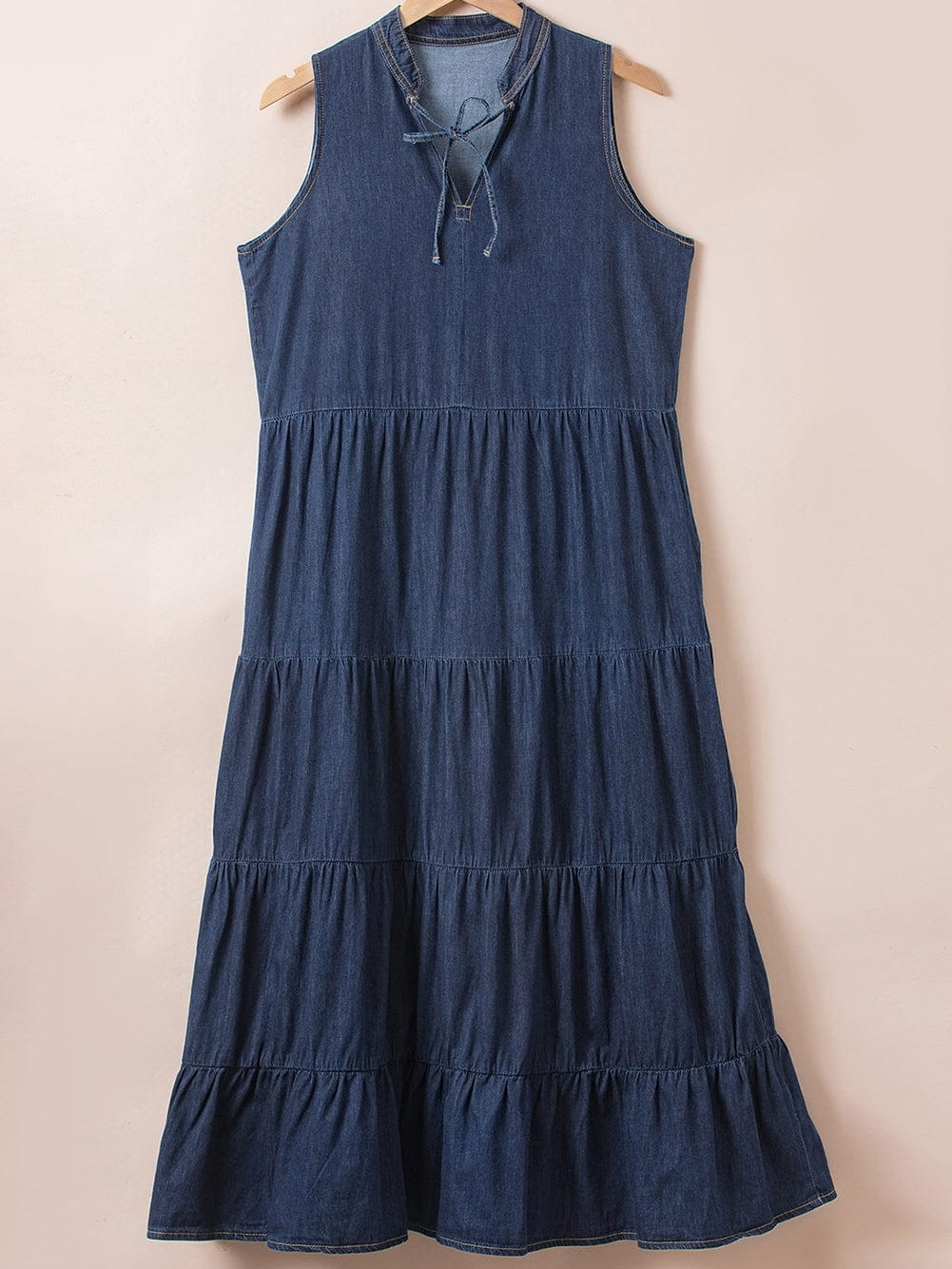 Chic Teal Tiered Chambray Maxi Dress with Sleeveless Style