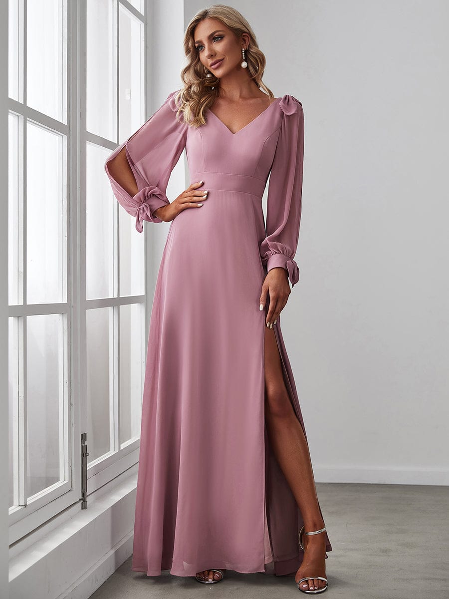 Chic V-Neck A-Line Bridesmaid Dress With High Leg Split