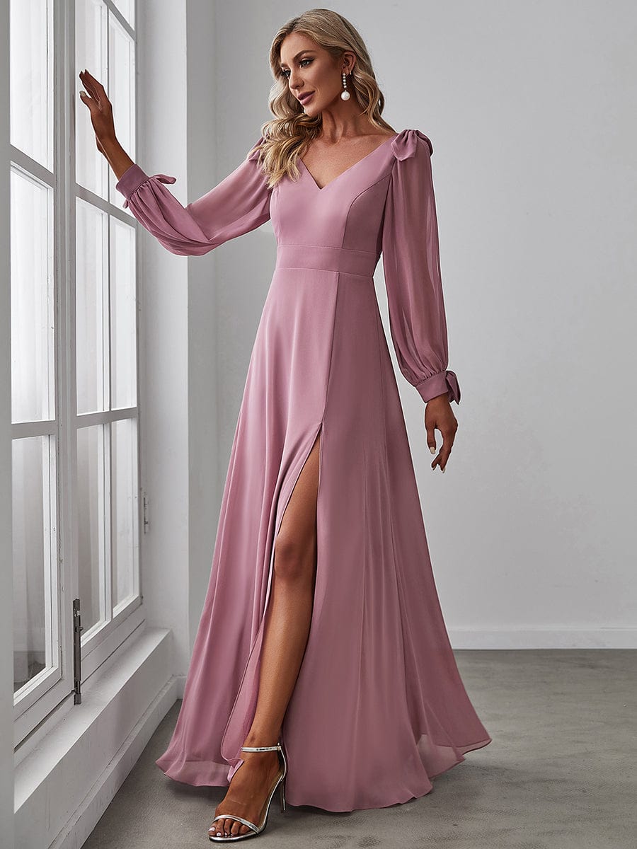Chic V-Neck A-Line Bridesmaid Dress With High Leg Split