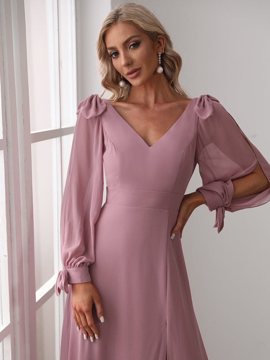 Chic V-Neck A-Line Bridesmaid Dress With High Leg Split