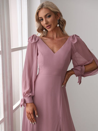Chic V-Neck A-Line Bridesmaid Dress With High Leg Split
