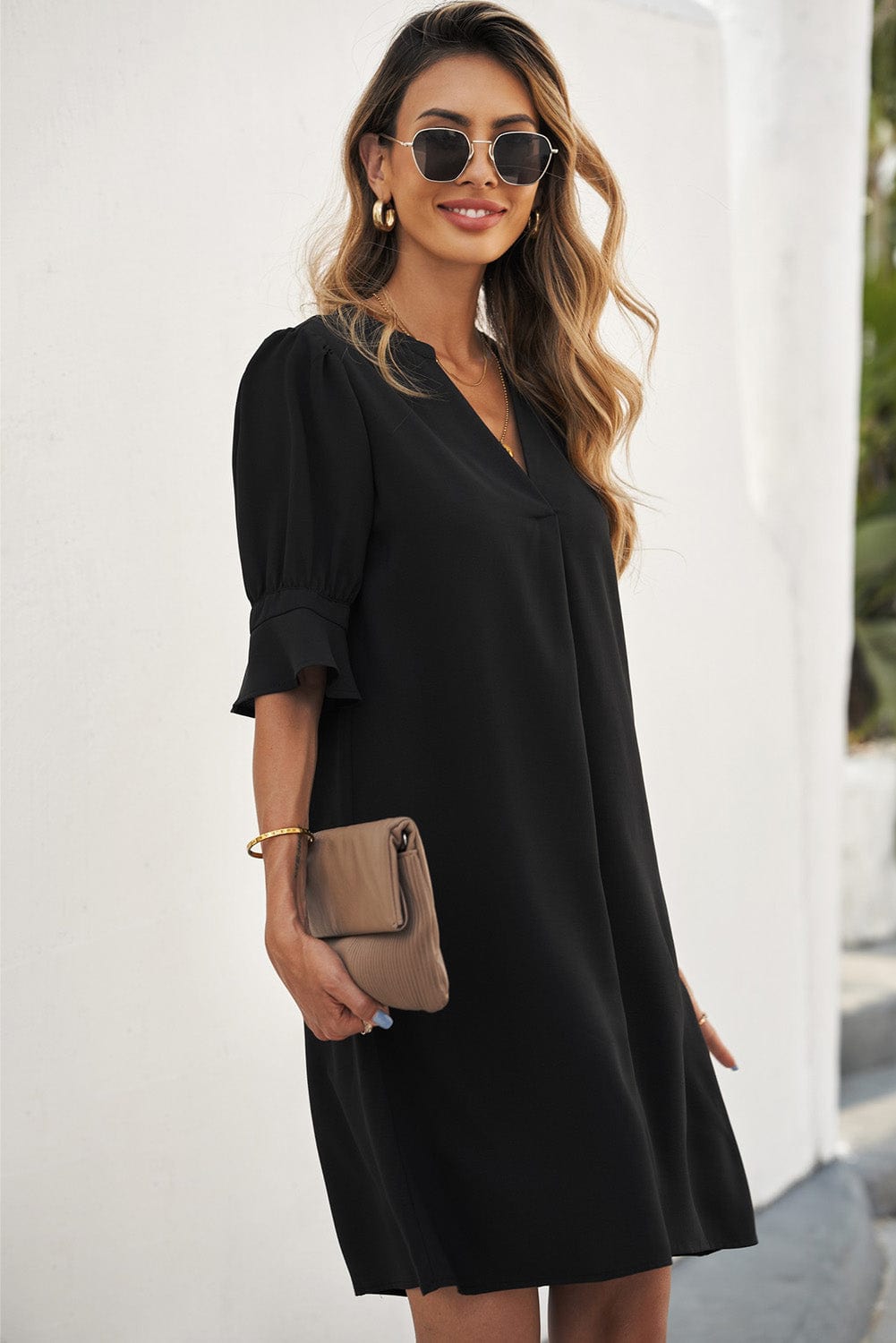 Chic V-Neck Black Mini Dress with Ruffled Sleeves